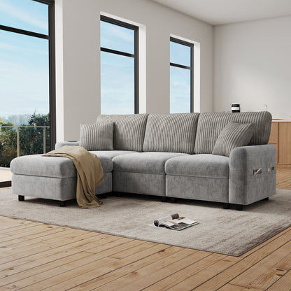 Modernes Sofa mit 1 Fußhocker, 2 quadratischen Kissen, 1 USB-Anschluss und 1 Type-C-Anschluss, Grau (Maße: B223 × H84 × T146 cm)