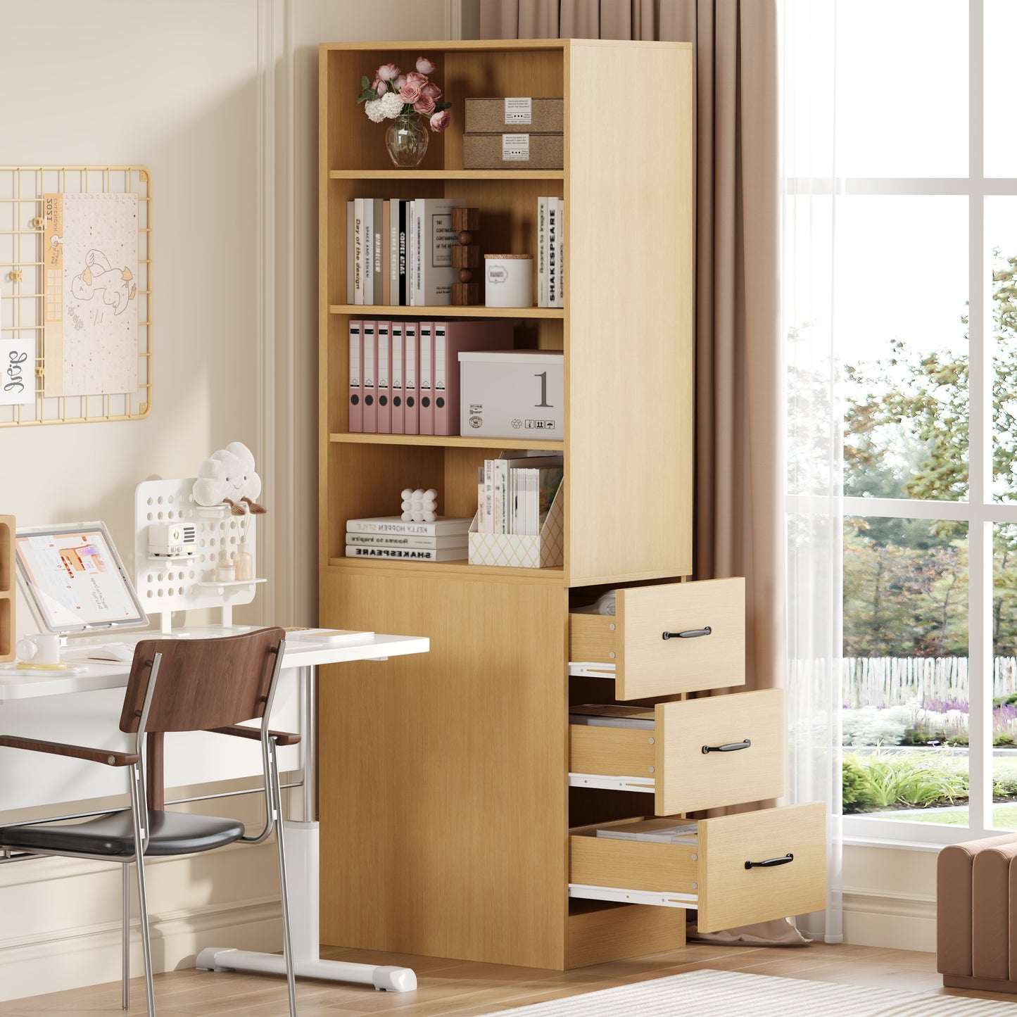 180 cm hohes, extra schmales Bücherregal mit seitlichen Schubladen - Verstellbare Böden, links und rechts austauschbar, geeignet für kleine Räume -Sideboard, Wohnzimmer-Hochschrank, Bücherregal
