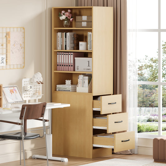 180 cm hohes, extra schmales Bücherregal mit seitlichen Schubladen - Verstellbare Böden, links und rechts austauschbar, geeignet für kleine Räume -Sideboard, Wohnzimmer-Hochschrank, Bücherregal
